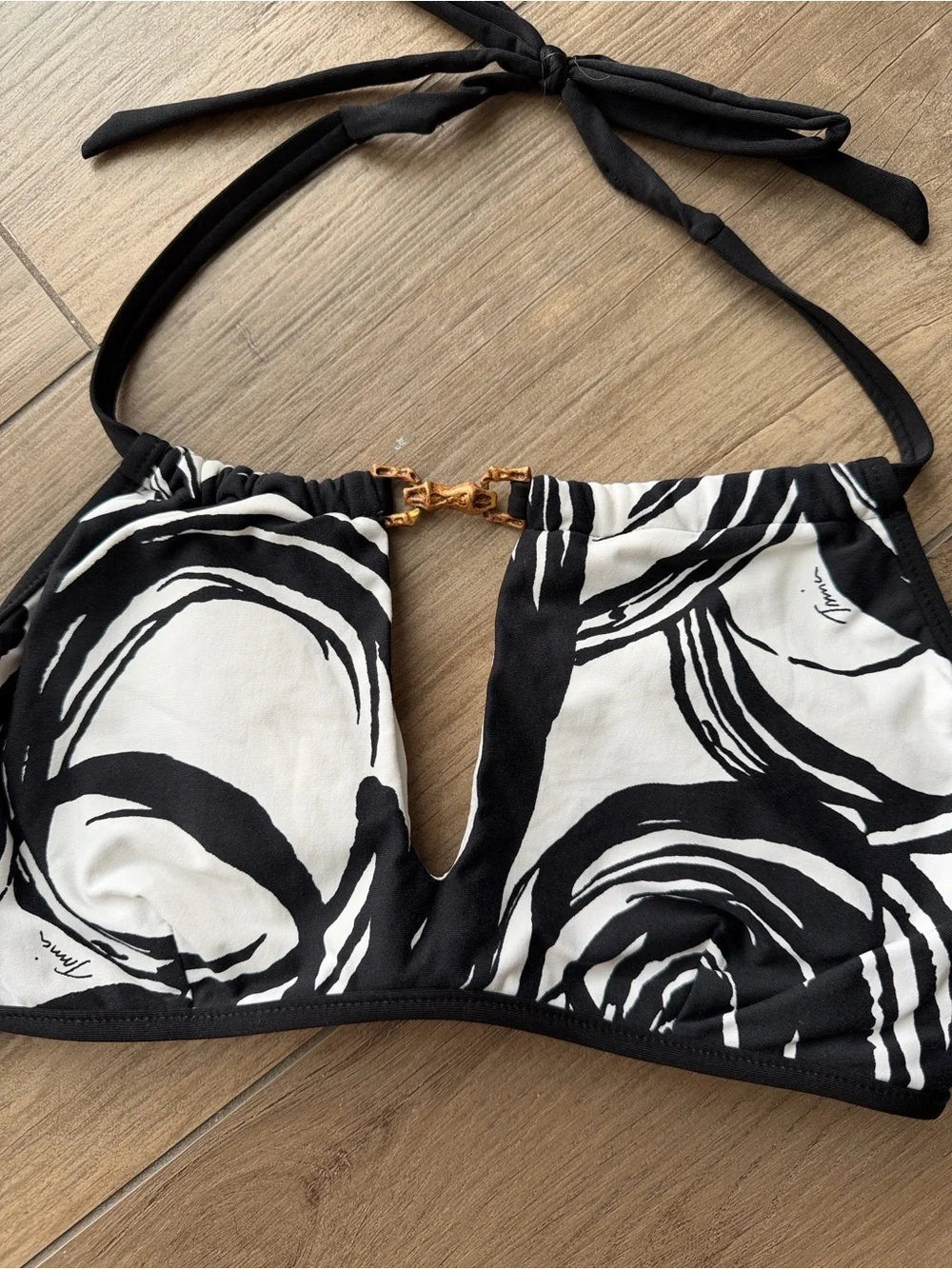 TRINA TURK Black & White Swirl Bamboo Halter Bikini Belt Gold Hardware M